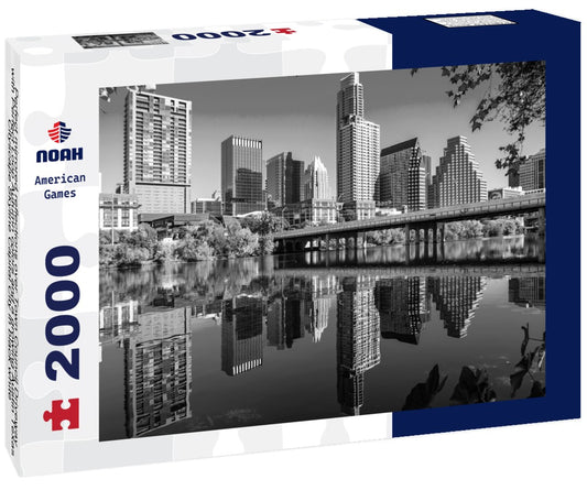 Noah Jigsaw Puzzle Perfect mirrored reflections over Town Council Driveway with Perfect Loop Autumn colors and a growing Austin Texas Cityscape Skyline Capital City in black white 2000 pieces