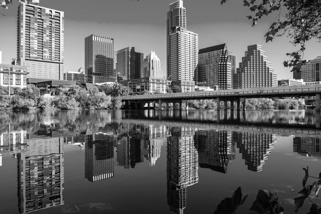 Noah Jigsaw Puzzle Perfect mirrored reflections over Town Council Driveway with Perfect Loop Autumn colors and a growing Austin Texas Cityscape Skyline Capital City in black white 2000 pieces