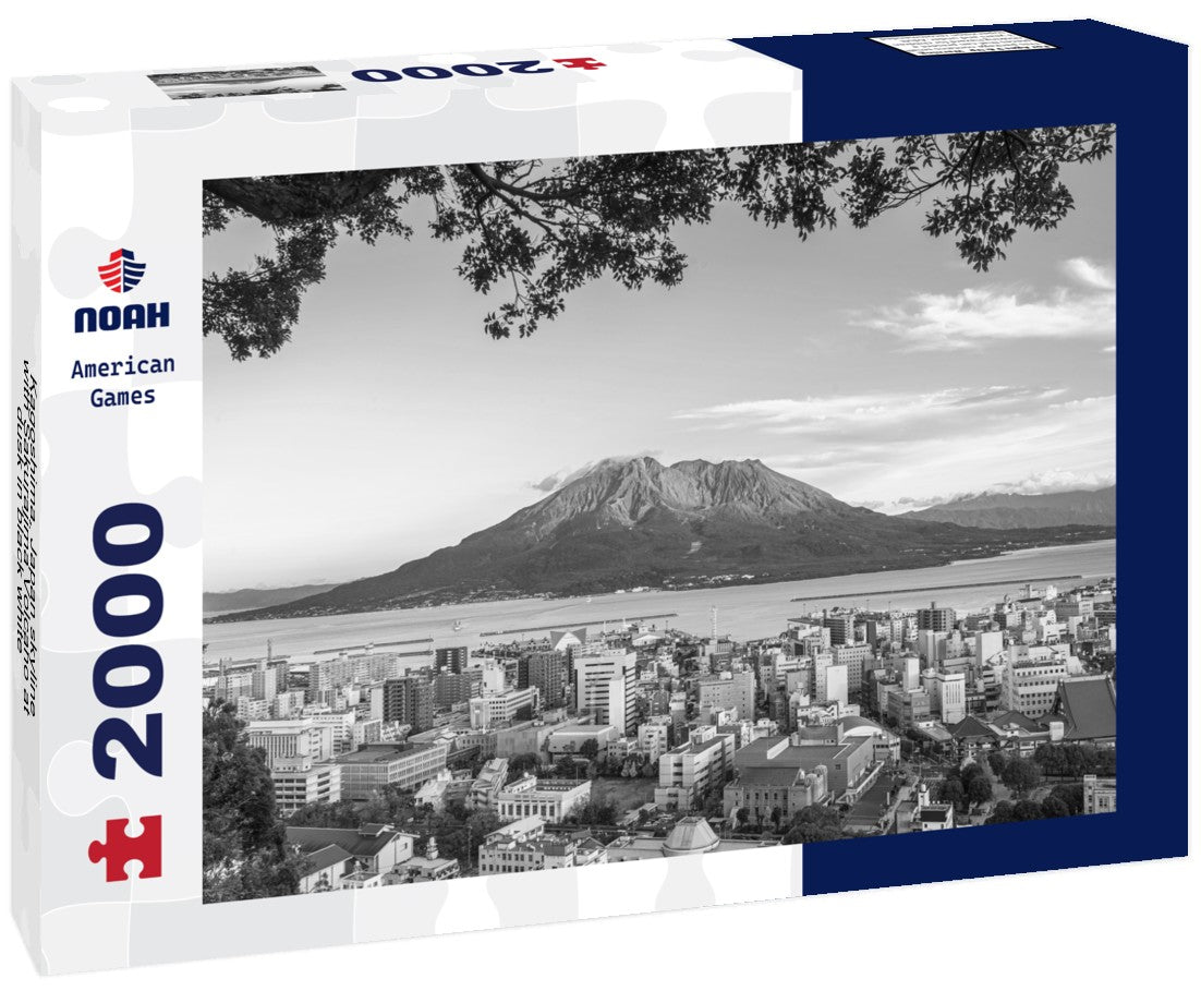 Kagoshima, Japan skyline with Sakurajima Volcano at dusk 2000pc PuzzleBlack and White