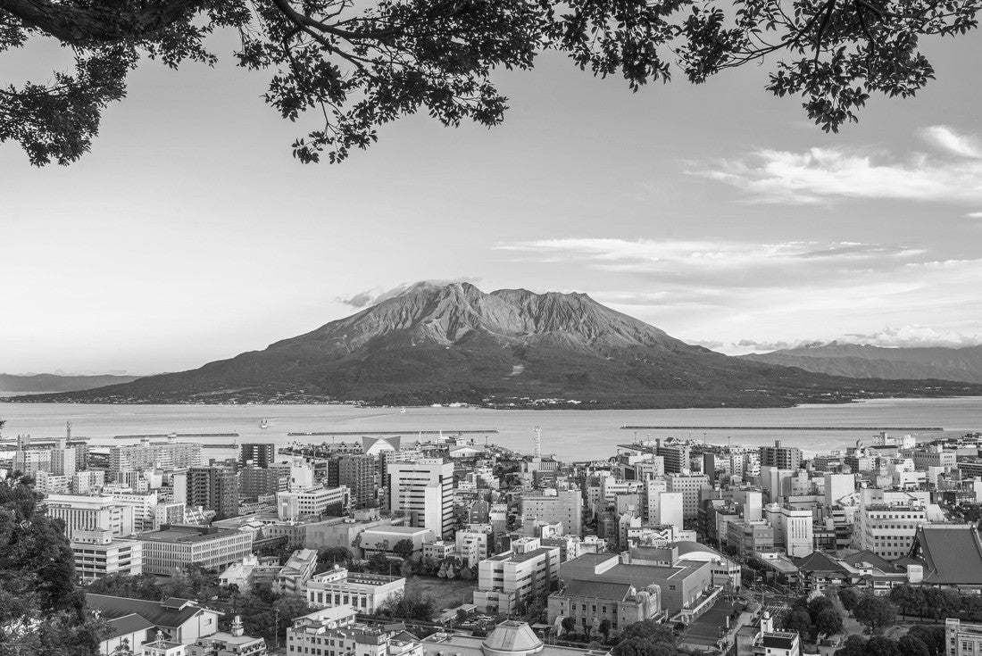 Kagoshima, Japan skyline with Sakurajima Volcano at dusk 2000pc PuzzleBlack and White