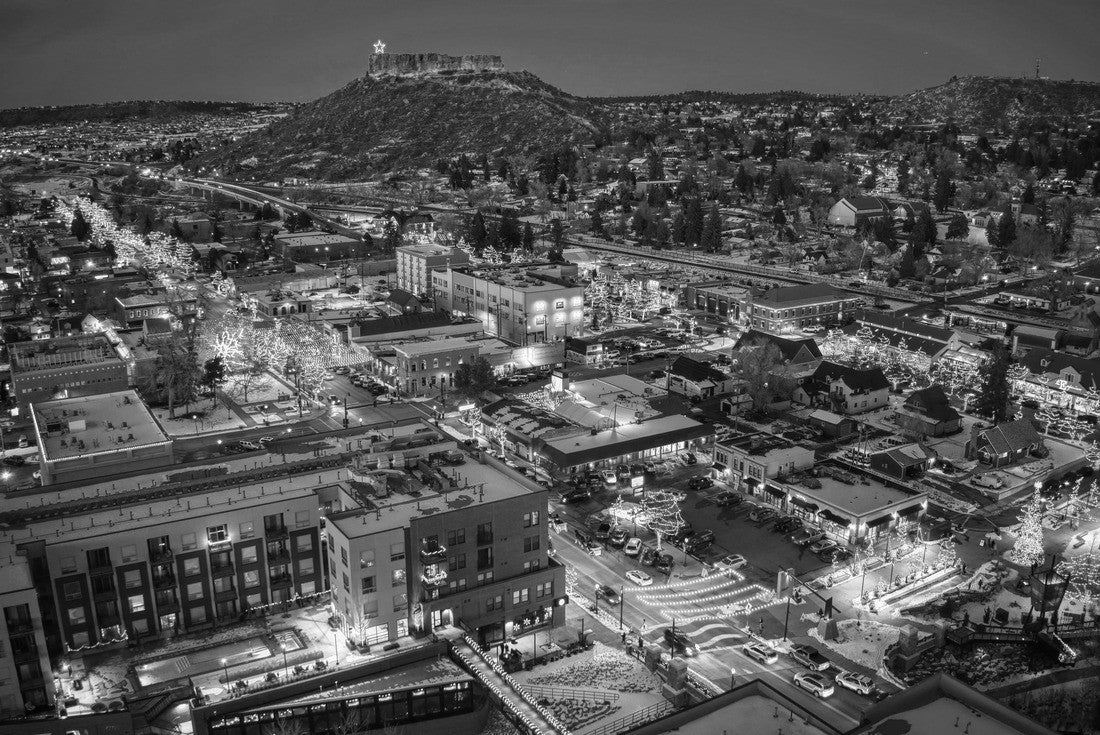 Aerial view of Castle Rock, Colorado with Christmas lights at dusk 2000pc PuzzleBlack and White