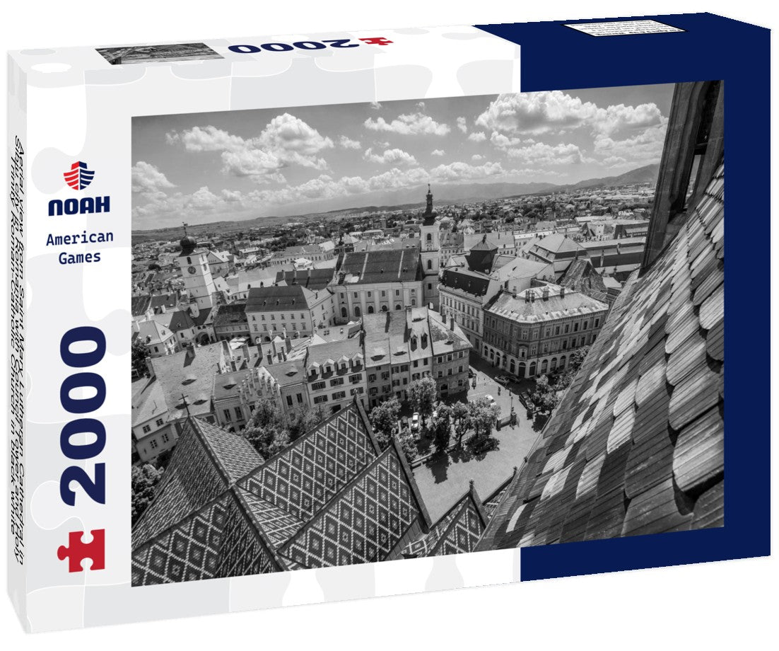 Noah Jigsaw Puzzle Aerial view from Saint Mary Lutheran Cathedral in Sibiu city in Romania with Council Tower and Holy Trinity Roman-Catholic Church in black white 2000 pieces