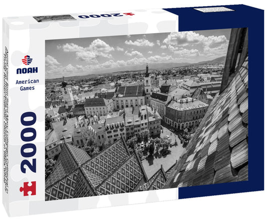 Noah Jigsaw Puzzle Aerial view from Saint Mary Lutheran Cathedral in Sibiu city in Romania with Council Tower and Holy Trinity Roman-Catholic Church in black white 2000 pieces
