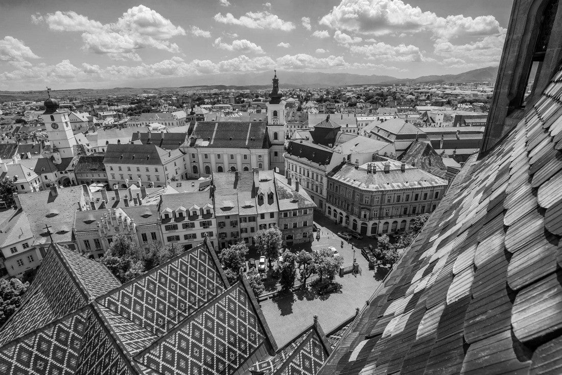 Noah Jigsaw Puzzle Aerial view from Saint Mary Lutheran Cathedral in Sibiu city in Romania with Council Tower and Holy Trinity Roman-Catholic Church in black white 2000 pieces