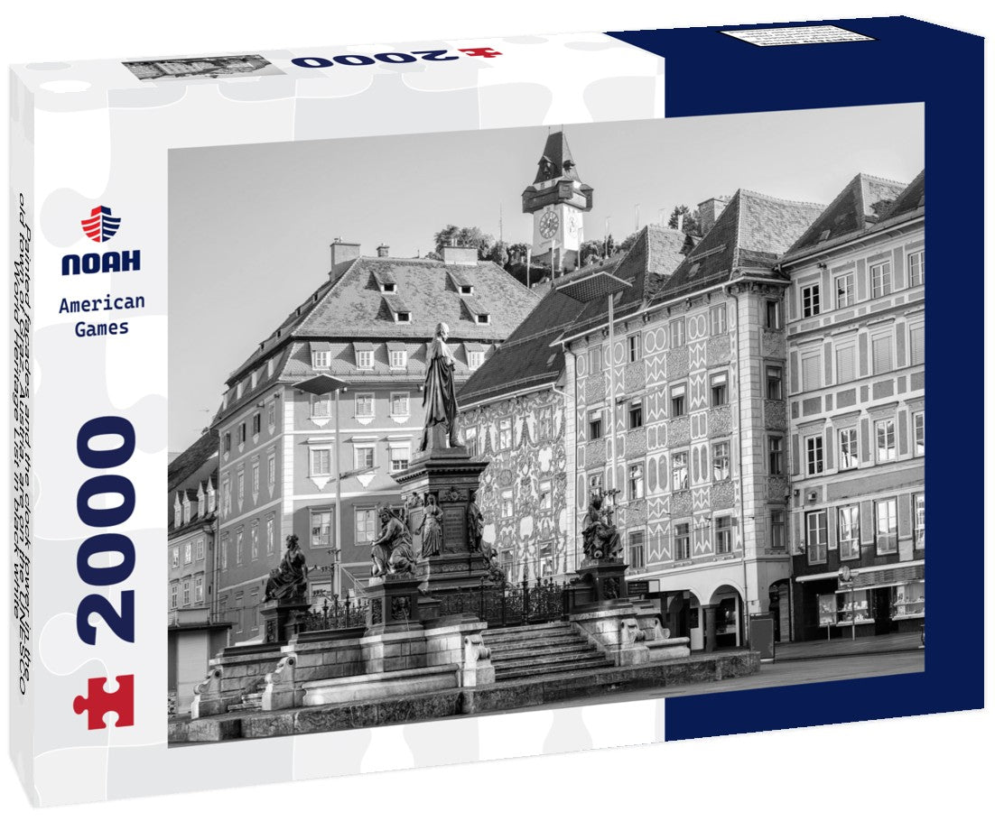 Painted facades and the clock tower in the old town of Graz, Austria, are on the UNESCO World Heritage List 2000pc PuzzleBlack and White