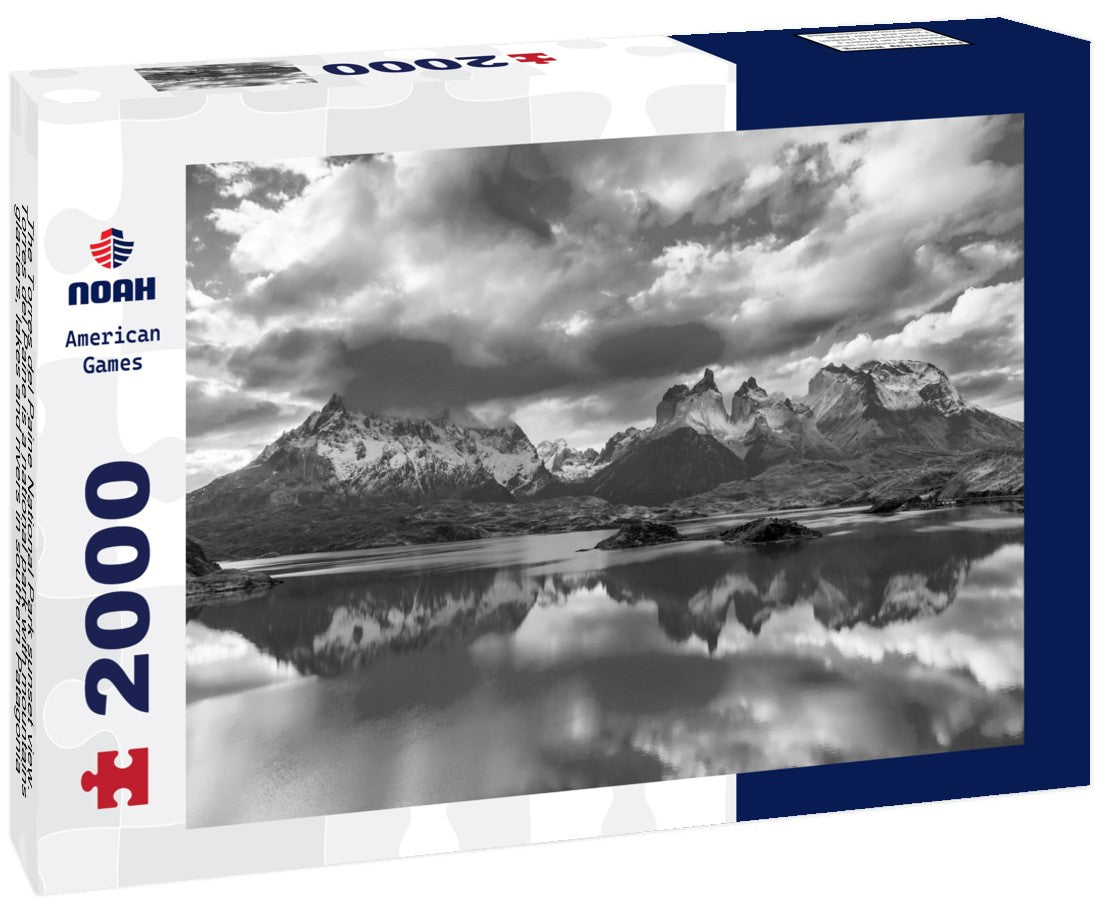Noah Jigsaw Puzzle The Torres del Paine National Park sunset view. Torres del Paine is a national park with mountains, glaciers, lakes and rivers in southern Patagonia, Chile in black white 2000 pieces