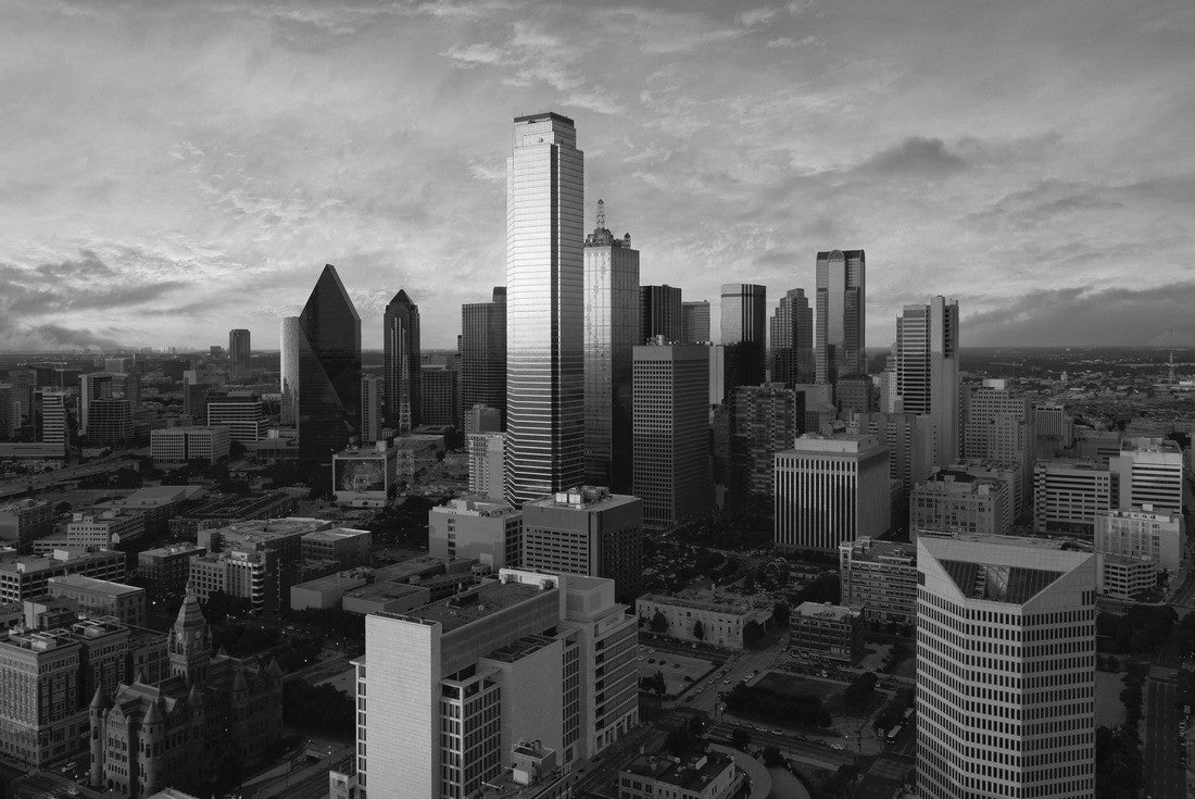 Noah Jigsaw Puzzle Dallas City Skyline at sunset, Texas downtown, business center. Commercial area in big city. View from the Reunion Tower in black white 2000 pieces