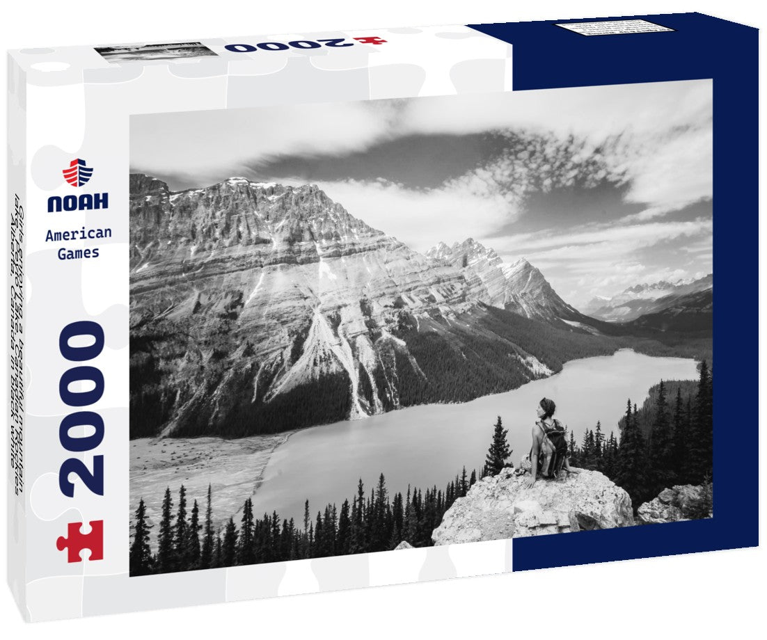 Noah Jigsaw Puzzle Girls enjoying a beautiful mountain lake. Peyto Lake, Canadian Rockies, Alberta, Canada in black white 2000 pieces