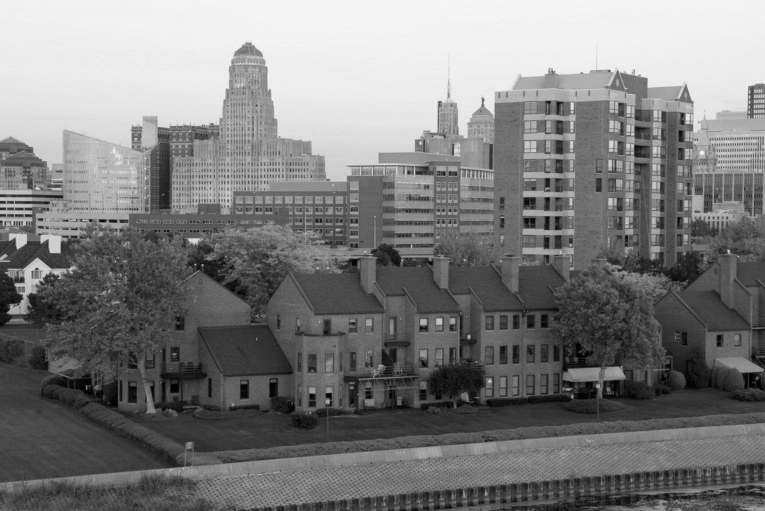 Buffalo Skyline At Dusk In October From The Erie Basin Marina Tower 2000pc PuzzleBlack and White