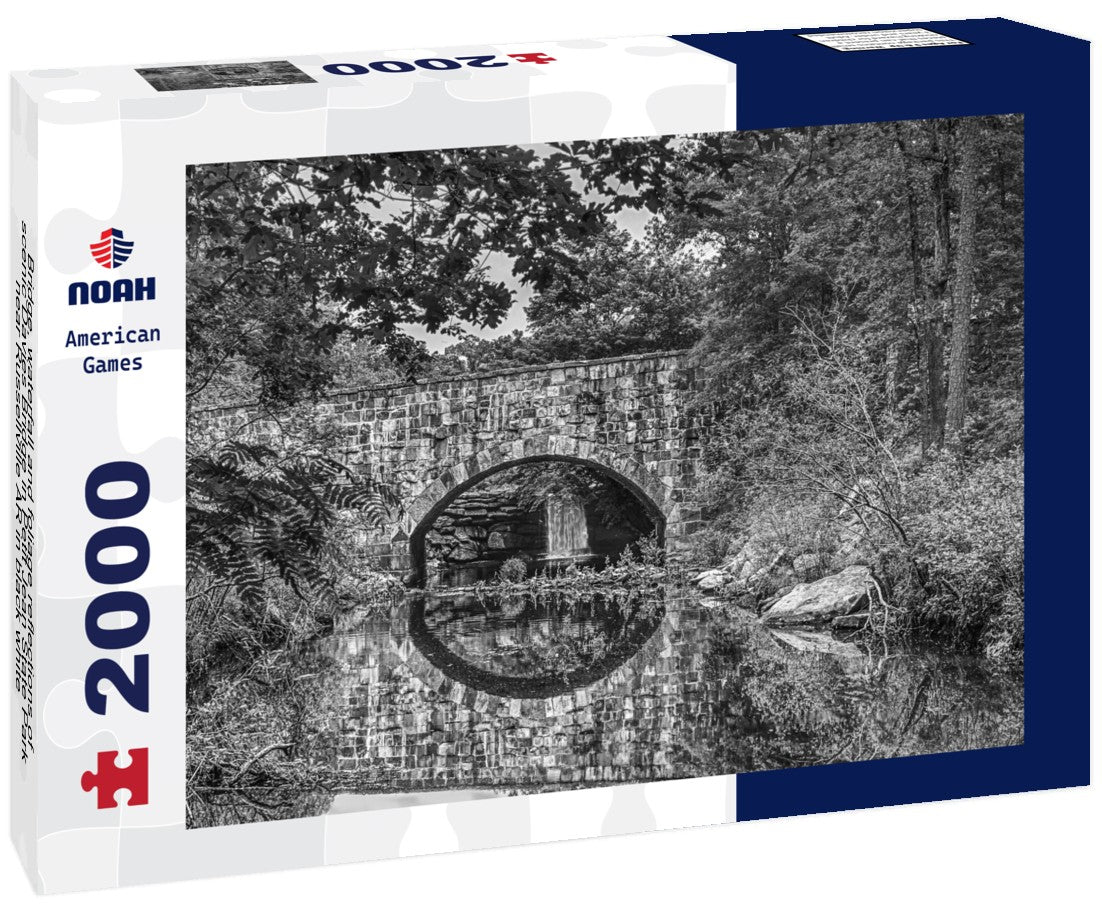 Bridge, waterfall and foliage reflections of scenic Davies Bridge in Petit Jean State Park near Russellville AR 2000pc PuzzleBlack and White
