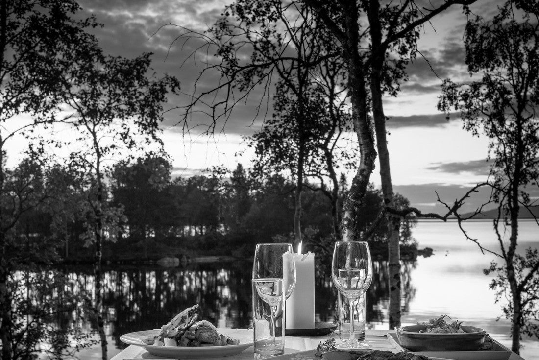 Table set for dinner outdoors, Arjeplog, Lapland, Sweden 2000pc PuzzleBlack and White