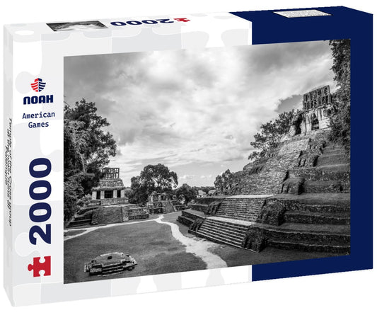 Noah Jigsaw Puzzle Temple of the Cross group at the main ruins of Palenque - Chiapas, Mexico in black white 2000 pieces
