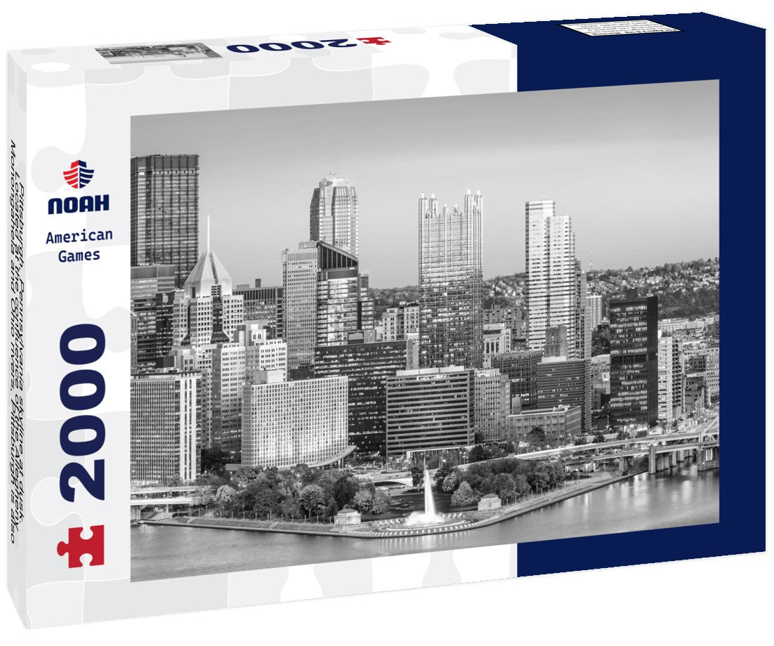 Noah Jigsaw Puzzle Pittsburgh, Pennsylvania skyline at dusk. Located at the confluence of the Allegheny, Monongahela and Ohio rivers, Pittsburgh is also known as “City of Bridges” in black white 2000 pieces