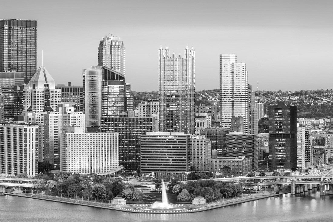 Noah Jigsaw Puzzle Pittsburgh, Pennsylvania skyline at dusk. Located at the confluence of the Allegheny, Monongahela and Ohio rivers, Pittsburgh is also known as “City of Bridges” in black white 2000 pieces