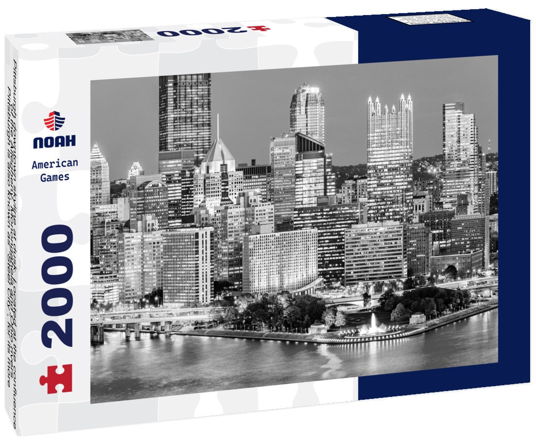 Noah Jigsaw Puzzle Pittsburgh downtown skyline at dusk. Located at the confluence of the Allegheny, Monongahela and Ohio rivers, Pittsburgh is also known as “Steel City”, for its more than 300 steel-related businesses in black white 2000 pieces