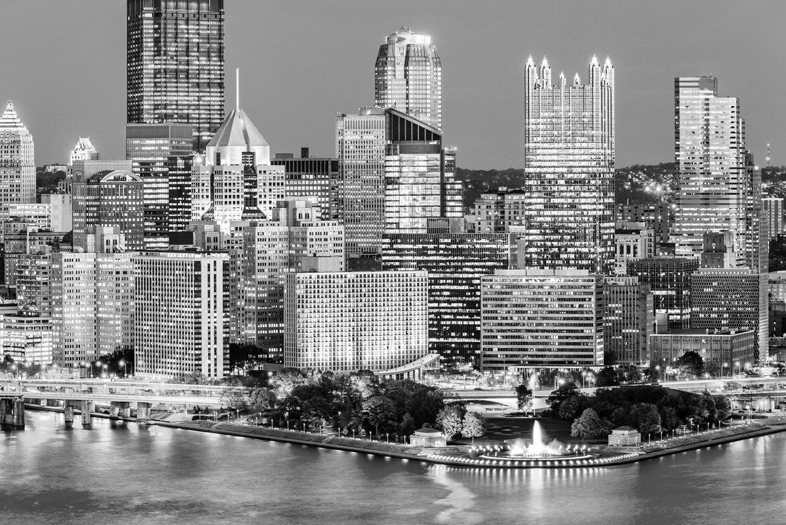 Noah Jigsaw Puzzle Pittsburgh downtown skyline at dusk. Located at the confluence of the Allegheny, Monongahela and Ohio rivers, Pittsburgh is also known as “Steel City”, for its more than 300 steel-related businesses in black white 2000 pieces