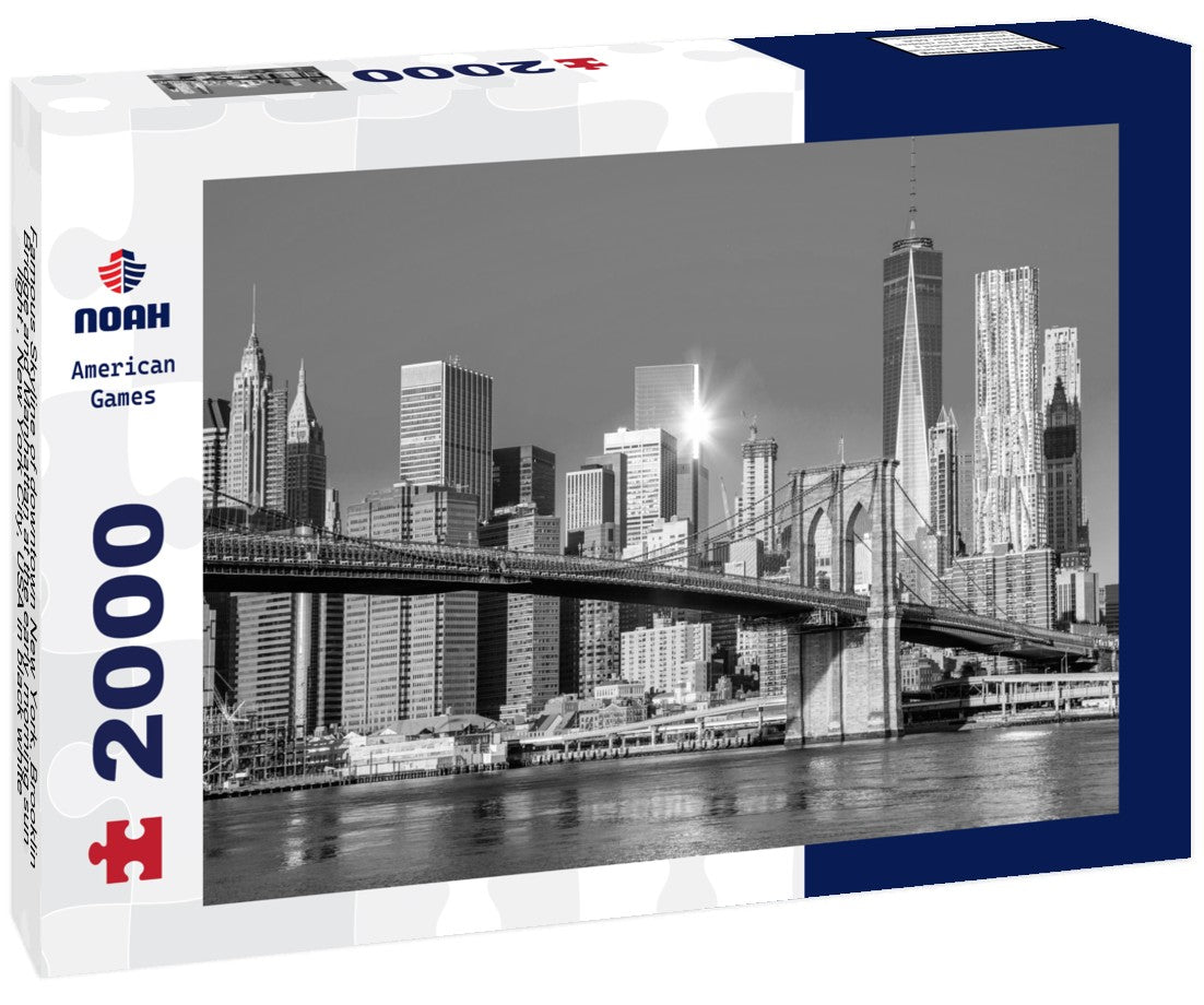 Noah Jigsaw Puzzle Famous Skyline of downtown New York, Brooklin Bridge and Manhattan at the early morning sun light , New York City, USA in black white 2000 pieces