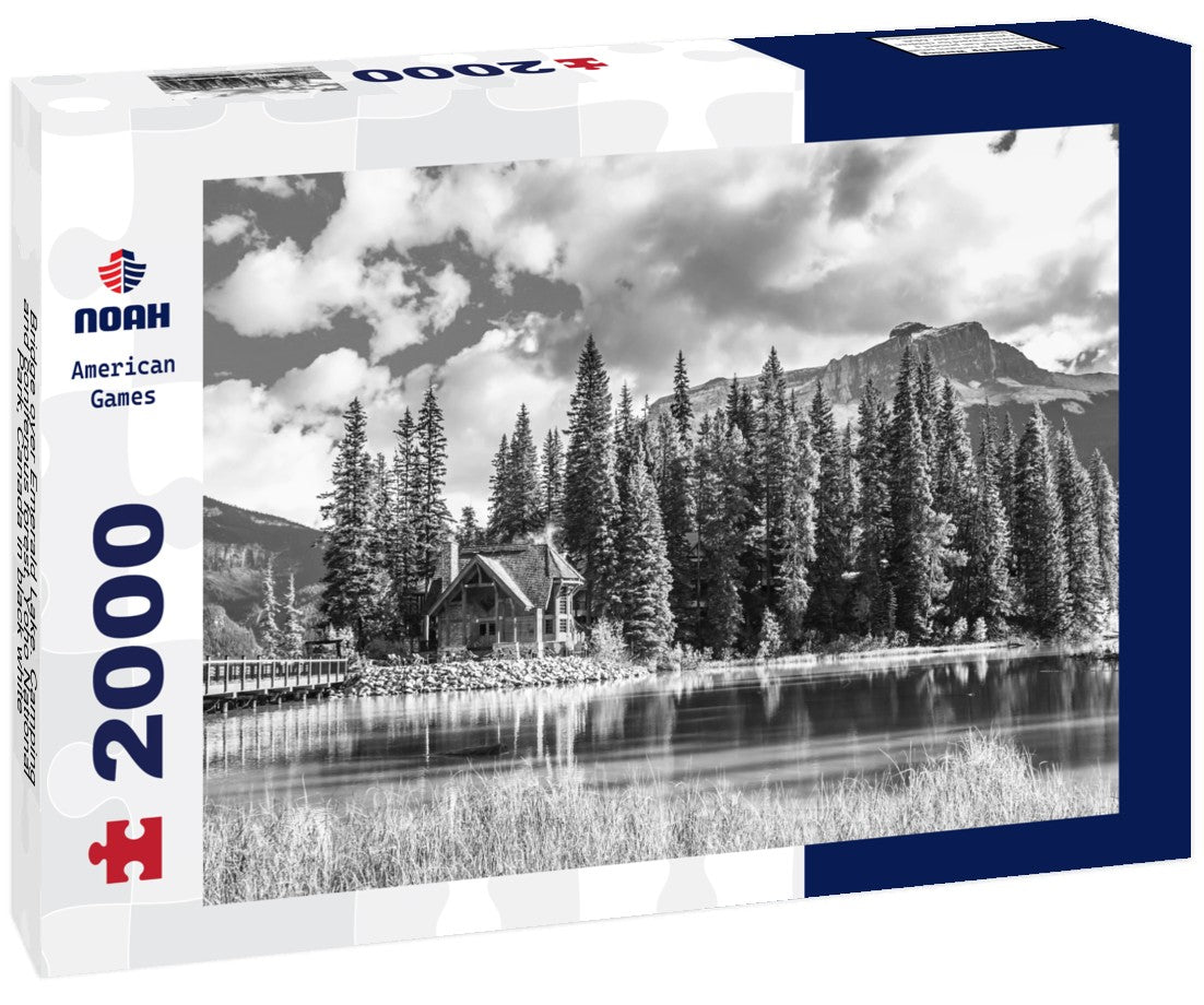 Noah Jigsaw Puzzle Bridge over Emerald Lake. Camping and coniferous forest. Yoho National Park, Canada in black white 2000 pieces