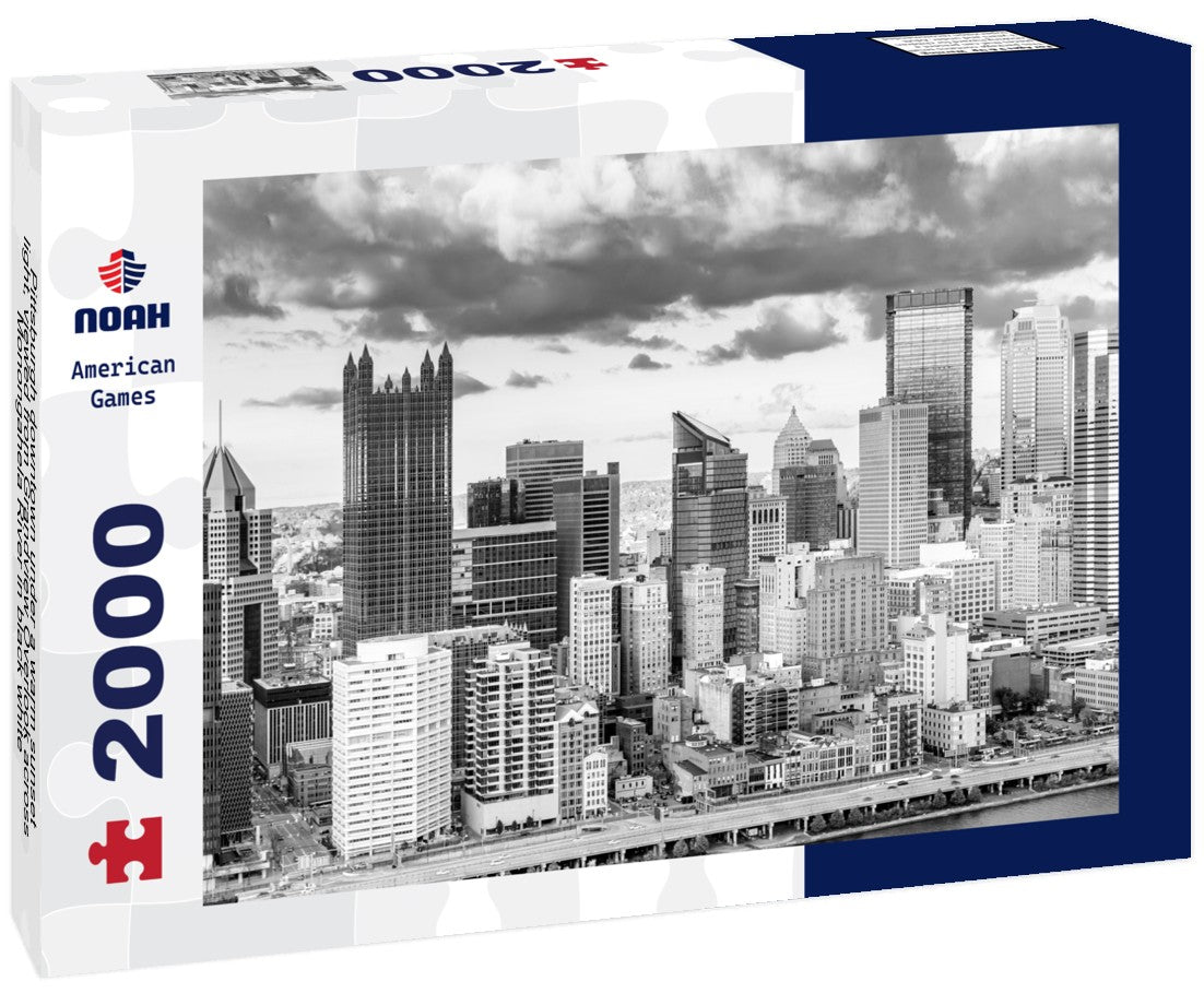 Pittsburgh downtown under a warm sunset light, viewed from Grandview Overlook across Monongahela River 2000pc PuzzleBlack and White