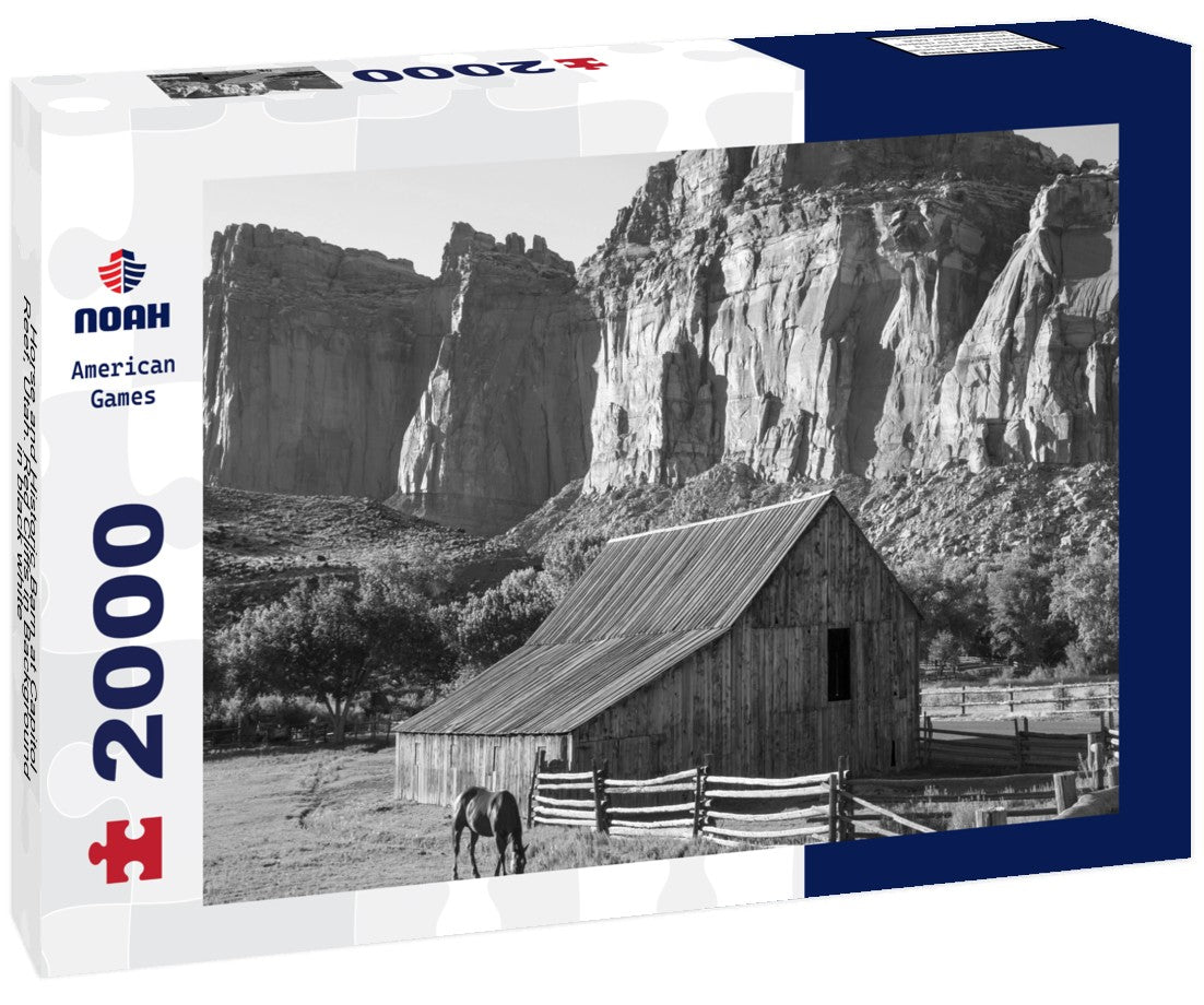 Horse and Historic Barn at Capitol Reef, Utah. Red Cliffs in Background 2000pc PuzzleBlack and White