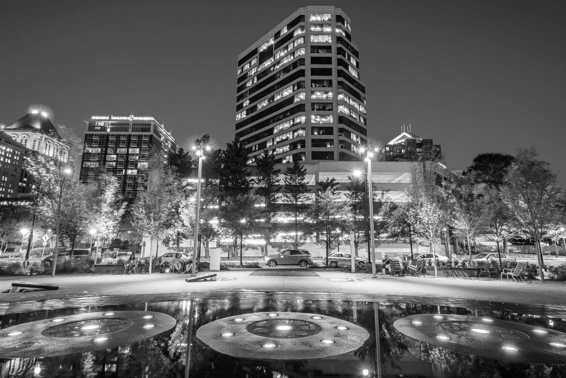 Fountains and buildings at Lebauer Park at night, in downtown Greensboro, North Carolina 2000pc PuzzleBlack and White