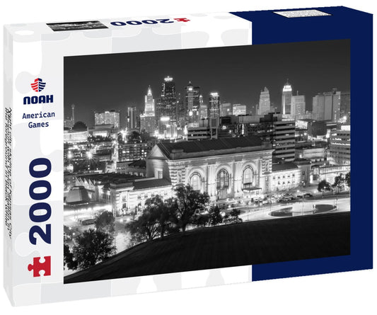 Noah Jigsaw Puzzle Night city skyline of Kansas City, Missouri with Union Station in the foreground in black white 2000 pieces