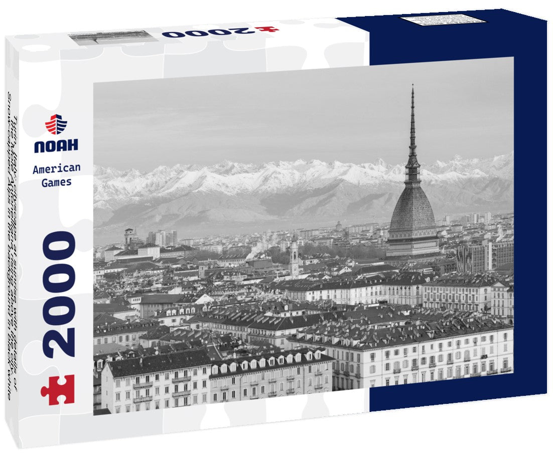 Turin, Italy: cityscape at sunrise with details of the Mole Antonelliana rising above the city. Snow-capped Alps in the background 2000pc PuzzleBlack and White