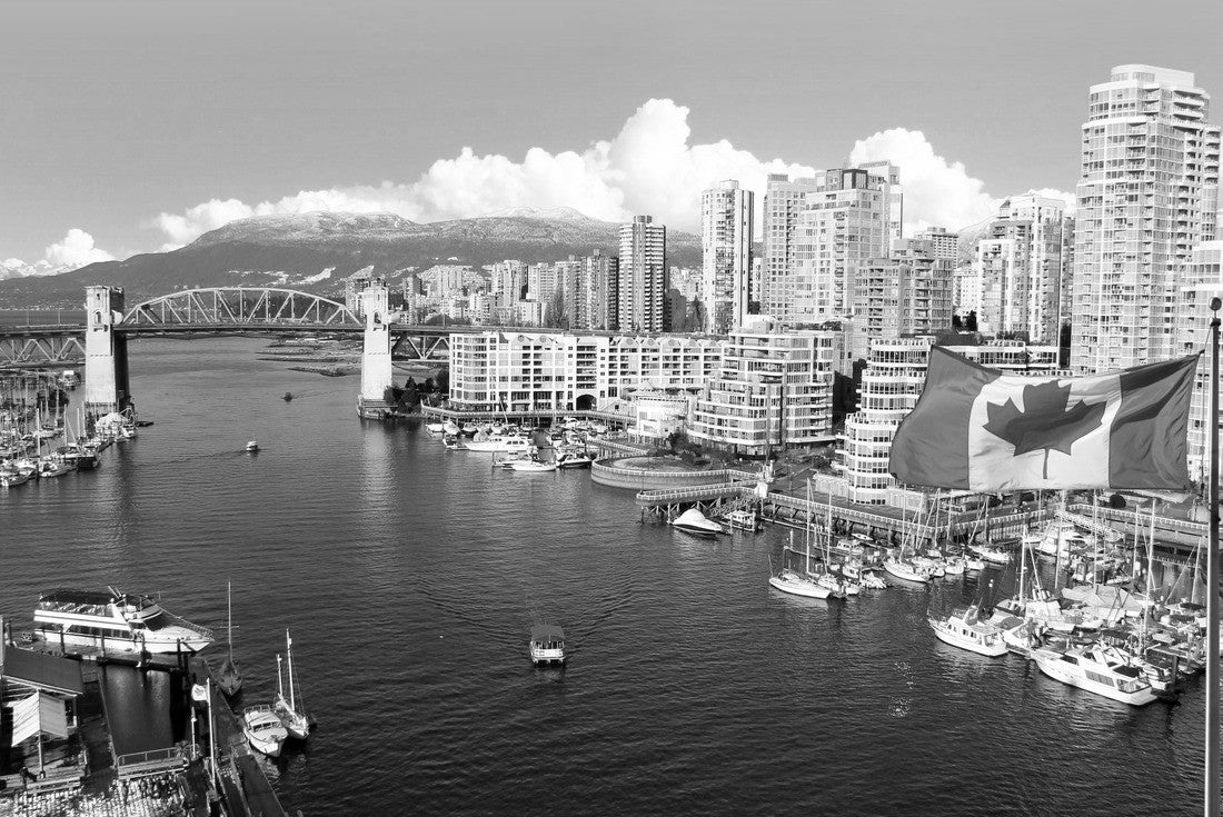 Canadian flag flying over False Creek and the Burrard Street Bridge in Vancouver, Canada 2000pc PuzzleBlack and White