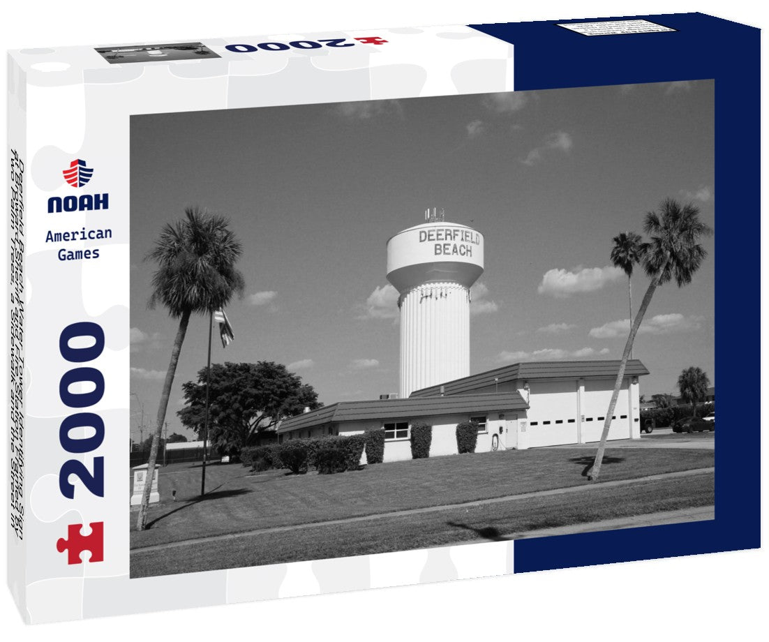 Noah Jigsaw Puzzle Deerfield Beach Water Tower Identifying Sign at Broward Sheriff and Fire Station Framed by Two Palm Trees, a Sidewalk and the Street in a Sunny Day in January in black white 2000 pieces