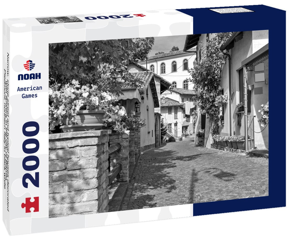 Narrow, stone street and typical houses decorated with flowers in the city of Barolo, Piedmont, northern Italy 2000pc PuzzleBlack and White