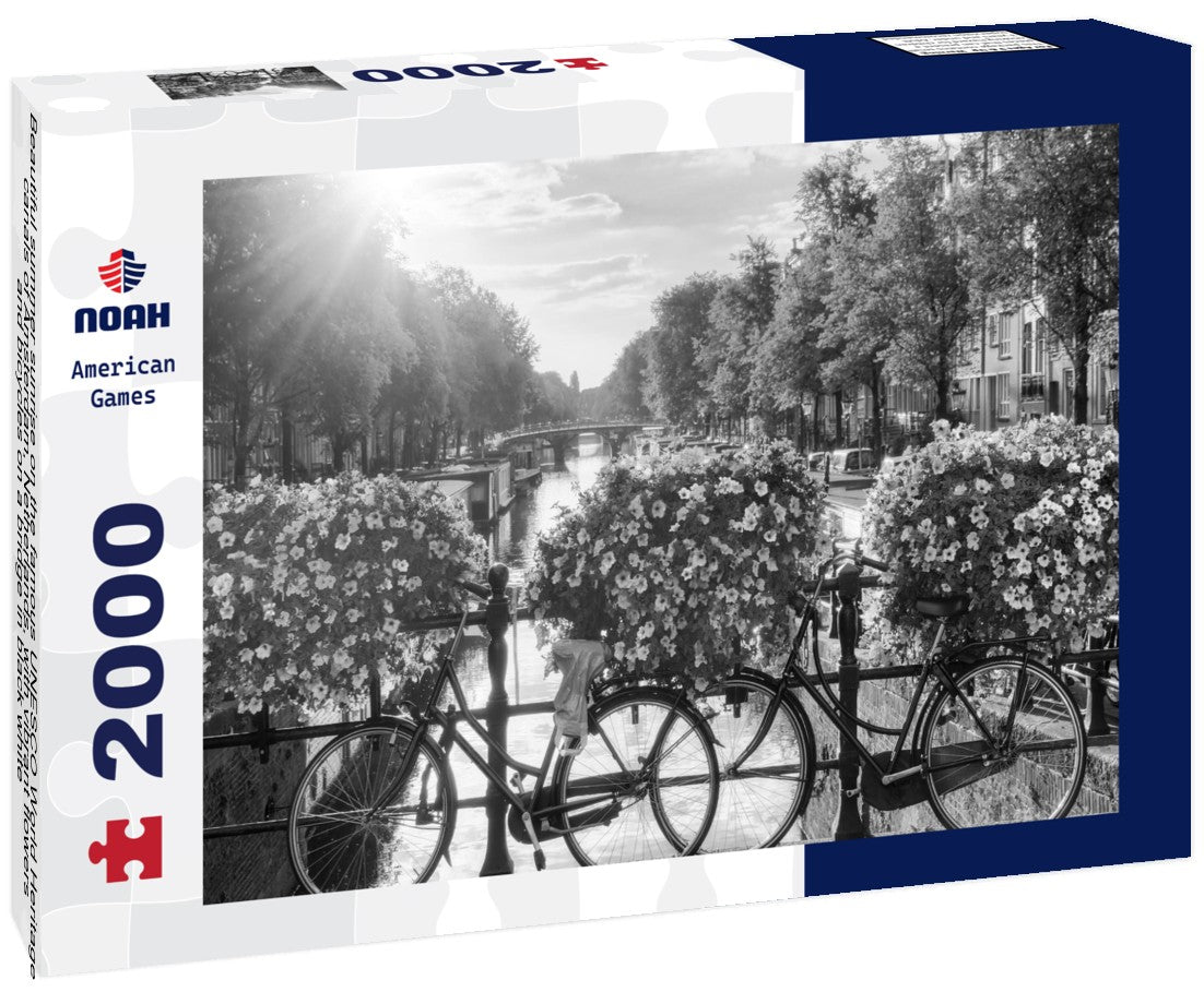 Noah Jigsaw Puzzle Beautiful summer sunrise on the famous UNESCO World Heritage canals of Amsterdam, Netherlands, with vibrant flowers and bicycles on a bridge in black white 2000 pieces