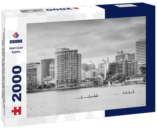 Noah Jigsaw Puzzle Downtown Oakland as seen from across the Merritt Lake on a cloudy spring day, San Francisco Bay Area, California in black white 2000 pieces