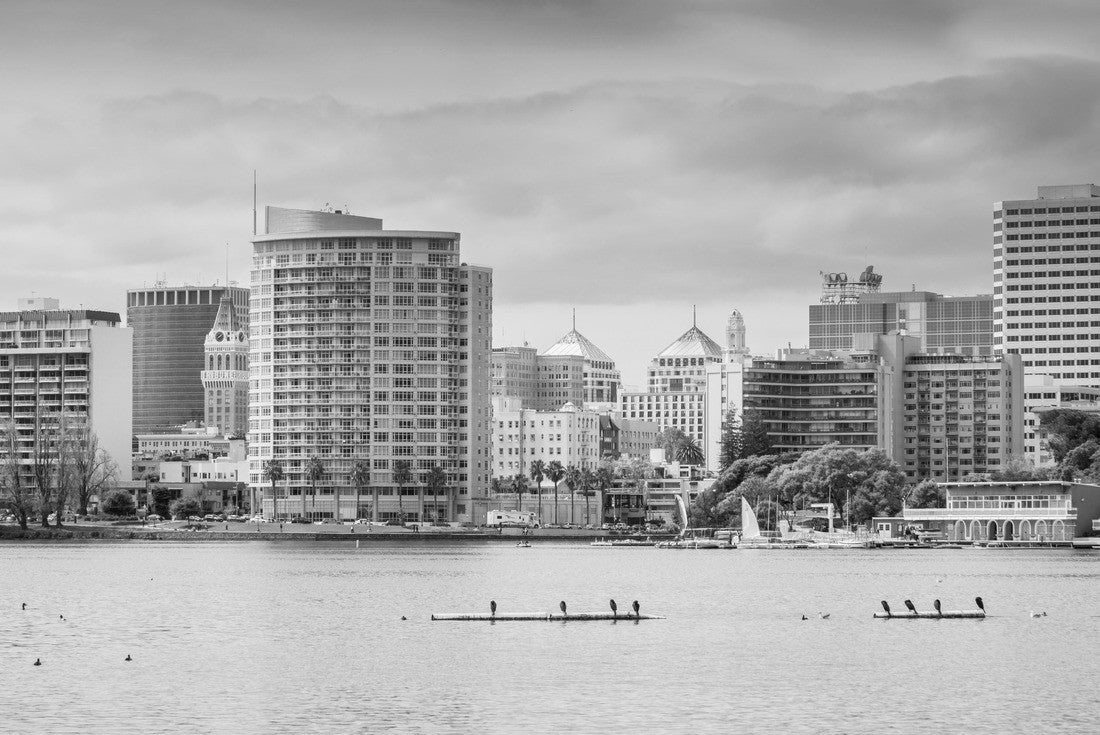 Noah Jigsaw Puzzle Downtown Oakland as seen from across the Merritt Lake on a cloudy spring day, San Francisco Bay Area, California in black white 2000 pieces