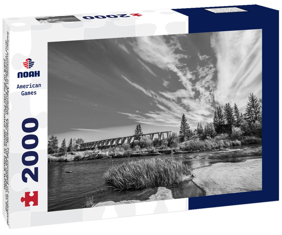 Noah Jigsaw Puzzle Indian summer in Manitoba, Canada. The concept of ecological and recreational tourism. The ruins of the old dam in the park of the old Pinawa dams in black white 2000 pieces