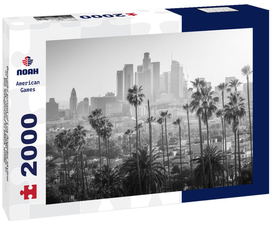 Noah Jigsaw Puzzle Beautiful sunset of Los Angeles skyline in the city center and palm trees in the foreground in black white 2000 pieces