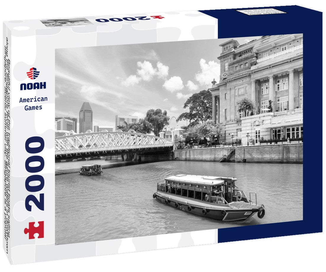 Beautiful view of the traditional tourist boats sailing along the Singapore River with the azure waters in downtown Singapore. Scenic summer city. Singapore is a popular tourist destination in Asia 2000pc PuzzleBlack and White