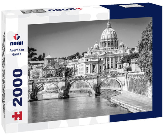 Noah Jigsaw Puzzle Rome, Italy. Vatican dome of St. Peter's Basilica (Italian: San Pietro) and Sant'Angelo Bridge, over the Tiber River in black white 2000 pieces