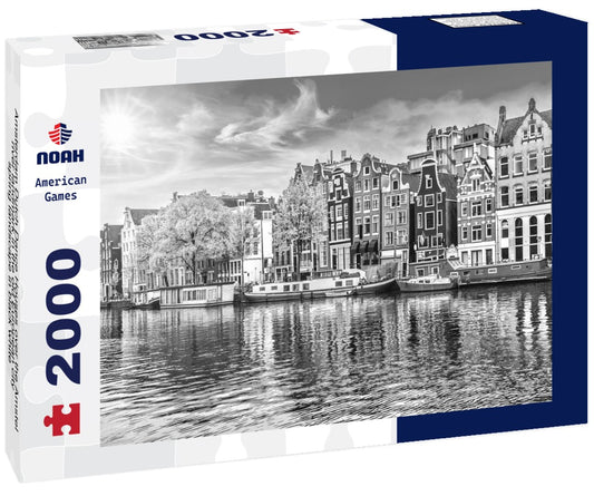 Noah Jigsaw Puzzle Amsterdam Dutch Dance Houses over the Amstel river landmark in the old European city spring landscape in black white 2000 pieces
