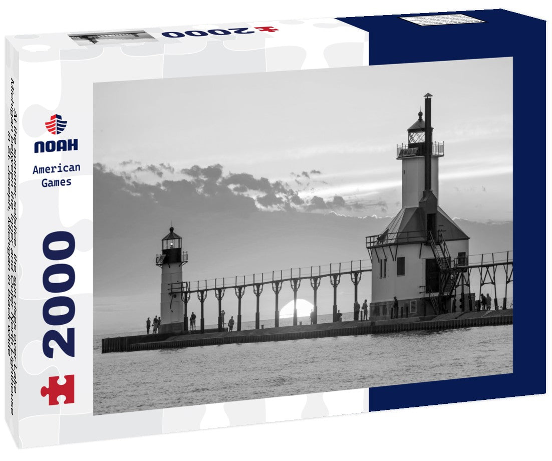At the summer solstice, the sun rises over Lake Michigan between the Inner and Outer North Lighthouse in St. Joseph, Michigan 2000pc PuzzleBlack and White