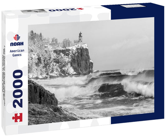 Noah Jigsaw Puzzle Lake Superior Waves rolling onto the shore at Split Rock Light House in black white 2000 pieces