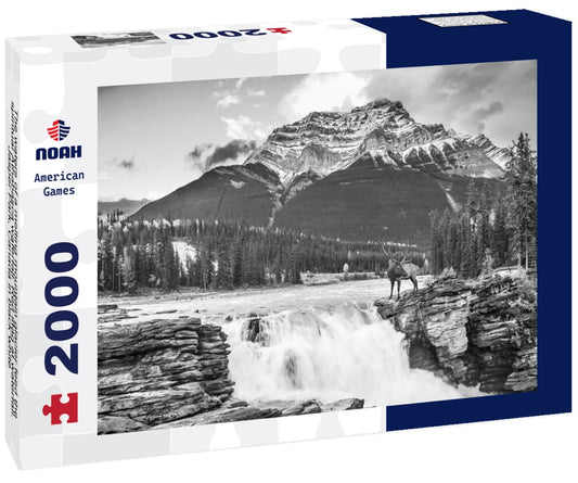 Noah Jigsaw Puzzle The waters of a melting mountain glacier feed the spiritual Athabasca waterfall. Red stag at waterfall. Jasper Park, Canada in black white 2000 pieces