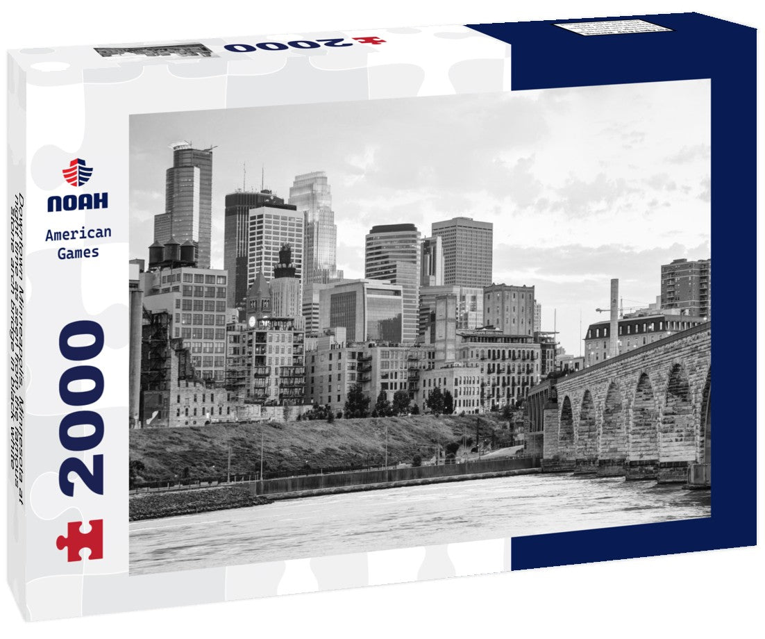 Downtown Minneapolis, Minnesota at night time as seen from the famous stone arch bridge 2000pc PuzzleBlack and White