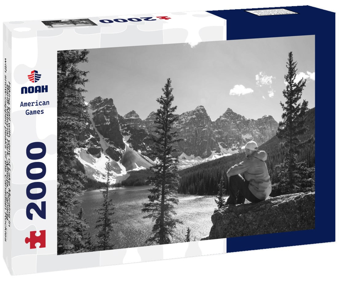 Noah Jigsaw Puzzle Hiking trail with view of Lake Moraine in Banff National Park, Alberta, Canada, with snow-capped peaks of the Canadian Rockies in the background in black white 2000 pieces