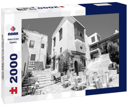Noah Jigsaw Puzzle Townscape with typical white, blue houses in the village of Sidi Bou Said. Tunisia in black white 2000 pieces