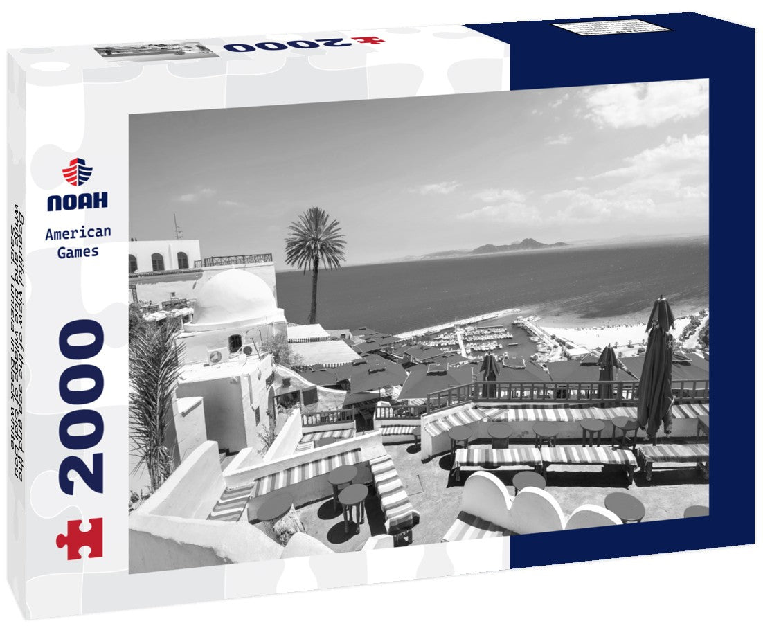 Noah Jigsaw Puzzle Beautiful view of the sea and the white and blue village of Sidi Bou Said. Tunisia in black white 2000 pieces
