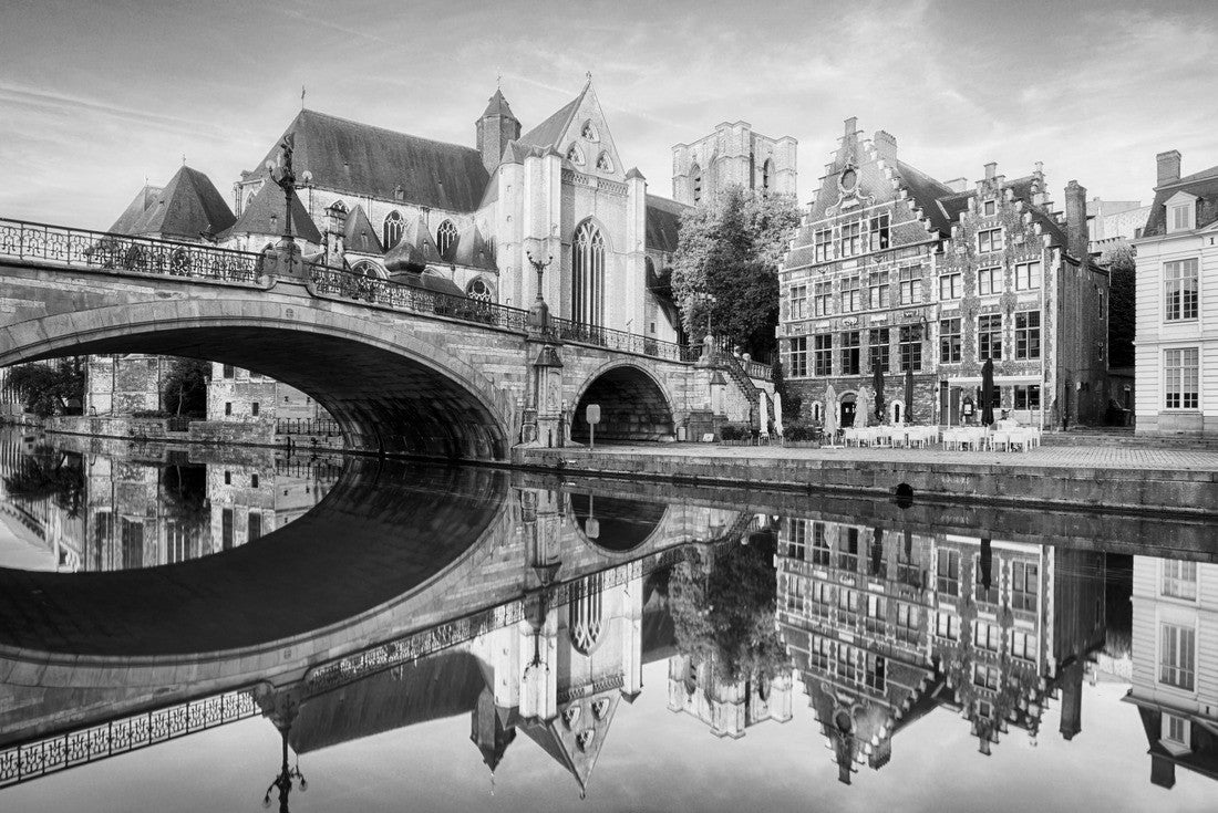 Medieval cathedral and bridge over a canal in Ghent - Ghent, Belgium, Sint - Michielskerk 2000pc PuzzleBlack and White