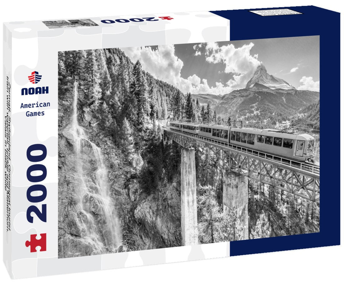 Zermatt, Switzerland. Gornergrat tourist train with waterfall, bridge and Matterhorn. Valais 2000pc PuzzleBlack and White