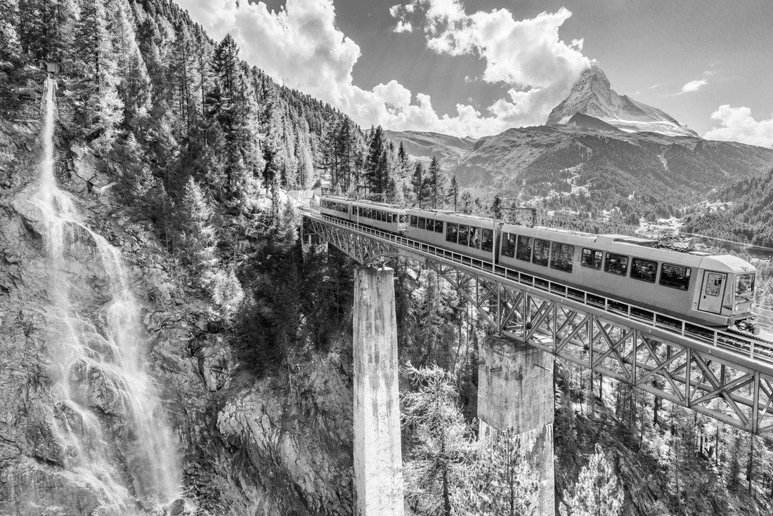 Noah Jigsaw Puzzle Zermatt, Switzerland. Gornergrat tourist train with waterfall, bridge and Matterhorn. Valais in black white 2000 pieces