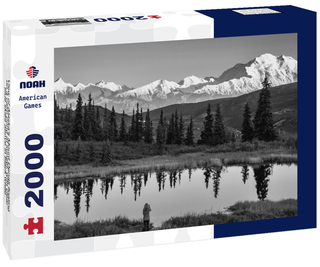 Alaska's Mount Denali floating on a calm pond at sunset, with clear blue skies above 2000pc PuzzleBlack and White