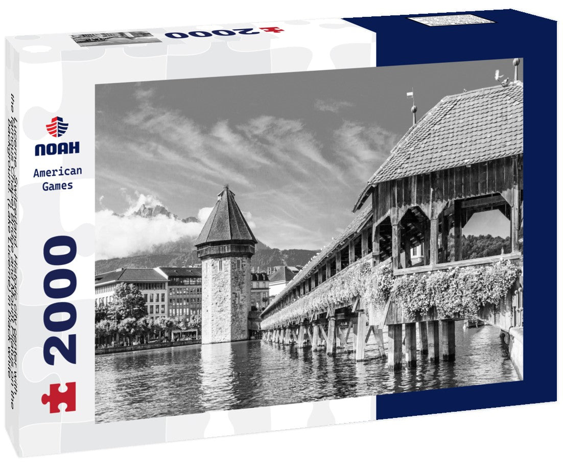 Noah Jigsaw Puzzle Lucerne, Switzerland. Historic city center with the famous Chapel Bridge and Mount Pilatus on the background. (Lake Lucerne) in black white 2000 pieces